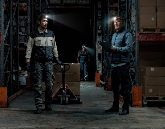 mannen met hoofdlamp in magazijn